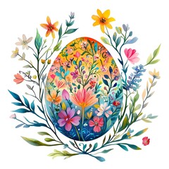 Sticker - Watercolor Easter Egg with Floral Wreath and Spring Flowers