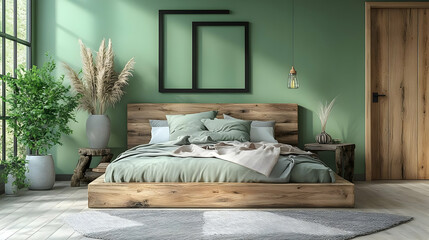 Sticker - Minimalist bedroom interior design with green walls, wooden bed, and large windows.