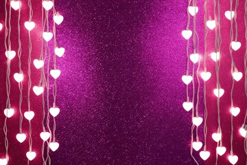 Romantic Vintage Lights Background with Purple Pink Glitter and Heart Overlay