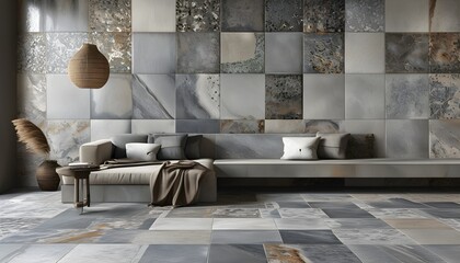 Rustic matte tile texture featuring natural marble breccia and grey granite for an abstract digital concrete background