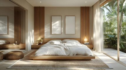 Canvas Print - Minimalist bedroom with a wooden bed frame, white linens, and a large window overlooking a tropical garden.