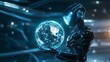 © Teeranan - An AI-powered robot standing in a futuristic setting, holding a glowing holographic globe in its hands. The world is illuminated with network lines connecting different regions, symbolizing