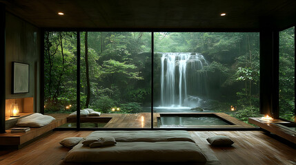 Wall Mural - Minimalist bedroom with large windows overlooking a waterfall in a lush green forest.