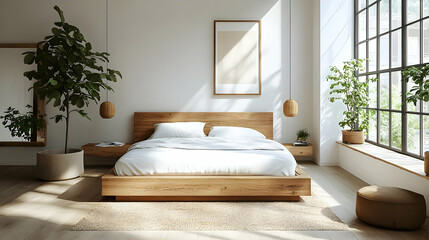 Poster - Minimalist bedroom with large windows, wooden bed frame, white bedding, two plants, and natural light.