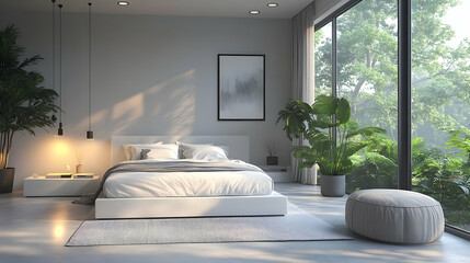 Minimalist bedroom with white bed and large windows looking out to a lush green garden.