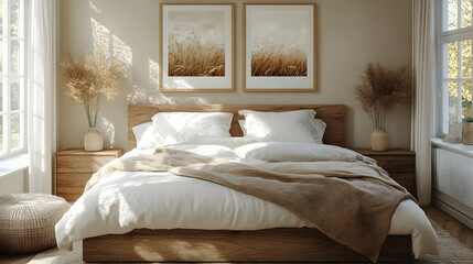 Poster - Minimalist bedroom with wooden bed, white bedding, and two framed prints of a field.