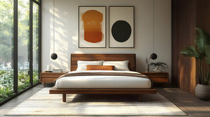 Wall Mural - Modern bedroom interior design with a wooden bed, bedside tables, rug, and large windows.