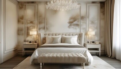 Elegant contemporary bedroom with luxurious chic wallpaper in soothing white and beige tones