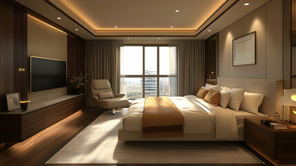 Poster - Modern bedroom interior with large windows, a king-size bed, and a comfortable armchair.