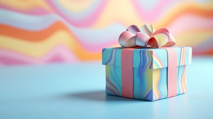 A single gift box with a pink bow, on a light blue surface, against a colorful background.