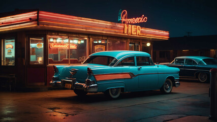 Poster - Classic American diner with retro neon signs and a vintage car