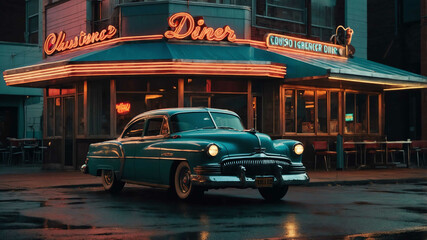 Poster - Classic American diner with retro neon signs and a vintage car