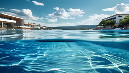 Idyllic beach pool with sparkling blue water and modern architecture in the backdrop, inviting for a refreshing swim and leisure activities