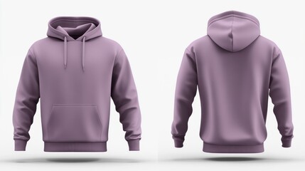 Wall Mural - Purple hoodie mockup with long sleeves and a kangaroo pocket on front, isolated on white background.