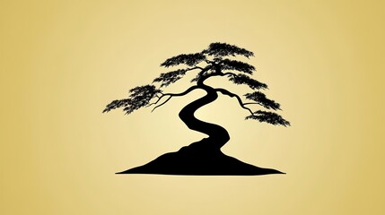 Poster - Minimalistic silhouette of a bonsai tree with smooth, flowing branches and a delicately curved trunk. The design features simple, rounded leaves, evoking a sense of calm and harmony