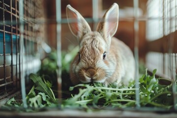 Wall Mural - A domestic rabbit enjoys fresh greenery in a cozy cage during bright daylight