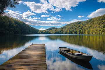 Wall Mural - A peaceful lake scene with a dock and a small boat floating gently. Crisp blue skies above and lush greenery surround the water. Ideal for relaxation and nature lovers. Generative AI