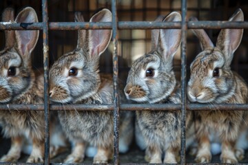 Wall Mural - A group of domestic rabbits in a cage enjoying daily sunlight in a cozy indoor setting