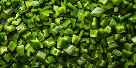 Aerial perspective of a stack of diced green bell peppers