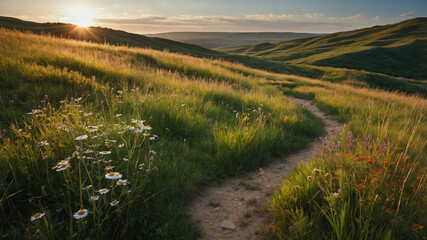 Canvas Print - Scenic countryside path winding through tall grass and wildflowers