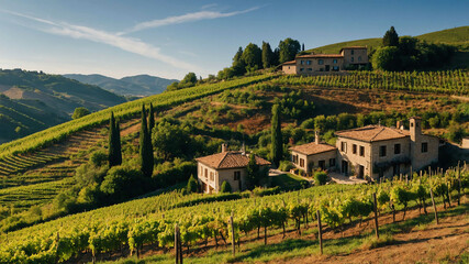 Canvas Print - Scenic hillside with terraced vineyards and a small winery