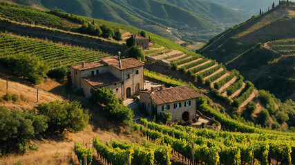 Canvas Print - Scenic hillside with terraced vineyards and a small winery