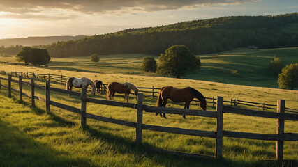 Wall Mural - Serene countryside landscape with a wooden fence and grazing horses