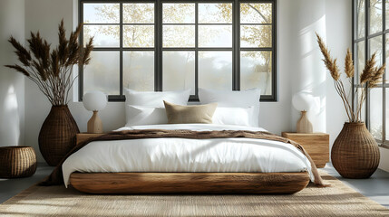 Wall Mural - Modern bedroom with a large bed, white bedding, wooden nightstands, wicker vases with dried pampas grass, and large windows overlooking a natural landscape.