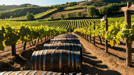 Wall Mural - Sunny vineyard with rustic wooden barrels and rows of grapevines