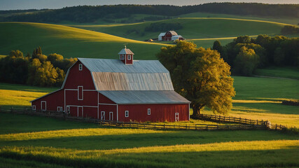 Wall Mural - Traditional farm setting with a red barn and a picturesque countryside