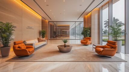 Wall Mural - A large room with a white floor and orange chairs. The chairs are arranged in a circle around a coffee table. There are potted plants in the room, and a large window lets in natural light