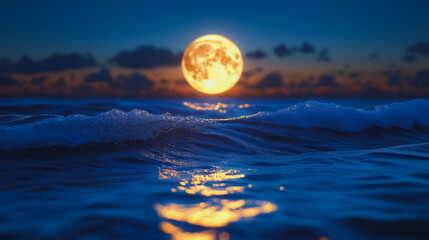 Wall Mural - A large moon is reflected in the water. The sky is dark and the water is calm. The moon is the main focus of the image, but the water and sky also contribute to the overall mood of the scene