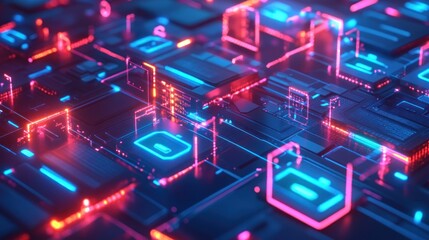 Poster - abstract futuristic neon grid with pink and blue glowing lines.