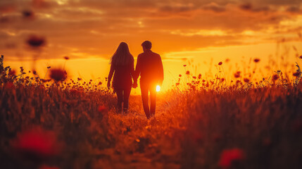 Poster - A couple walking in a field with the sun setting in the background. Scene is romantic and peaceful