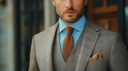 Wall Mural - A man in a suit and tie stands in front of a door. He is wearing a blue shirt and a brown tie