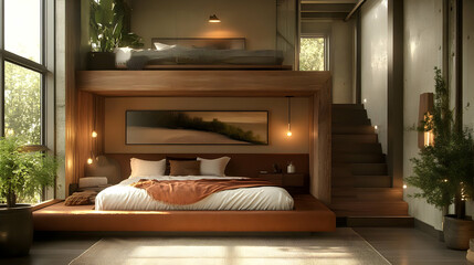 Canvas Print - Modern bedroom with a loft bed, wooden accents, and large windows overlooking a lush green landscape.