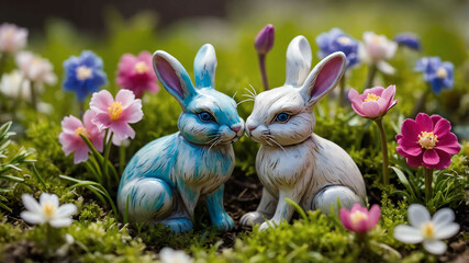 Easter bunny figurines nestled among blooming spring flowers