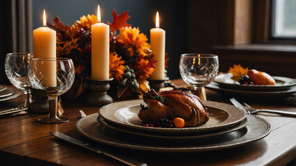 Festive Thanksgiving dinner table set with autumn leaves and candles