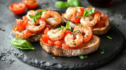 Tasty bruschetta with shrimp and tomato. Menu concept.