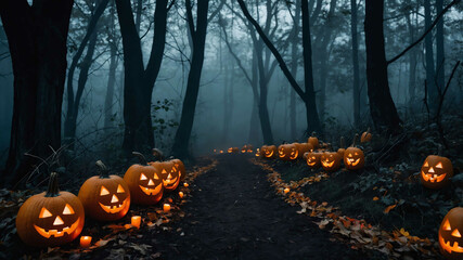 Halloween dark forest with fog and glowing jack o lanterns lining a path