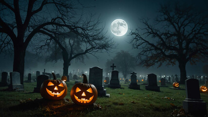 Halloween full moon over a foggy cemetery with glowing pumpkins