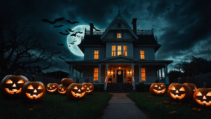 Halloween haunted house with glowing jack o lanterns and dark sky