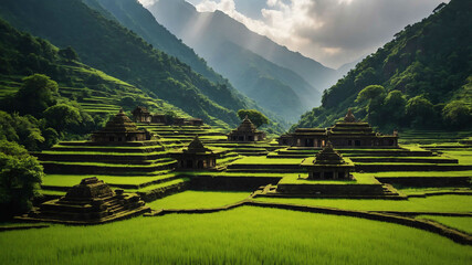 Wall Mural - Lush green valley dotted with ancient shrines and temples