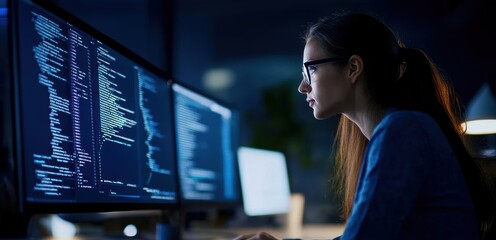 Focused woman analyzing code on computer screens in a dark office, showcasing modern technology and software development.