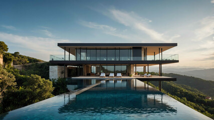 Wall Mural - Luxury hillside villa with a sleek glass facade and infinity pool