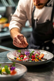 Chef garnishing plant-based dessert with edible flowers, modern kitchen, emphasis on creative presentation