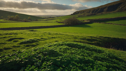 Canvas Print - saint patricks day green field and clover leaves background