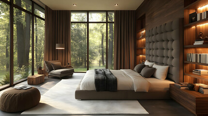 Poster - Modern bedroom with large windows overlooking a forest, featuring a plush bed, tufted headboard, and wooden accents.