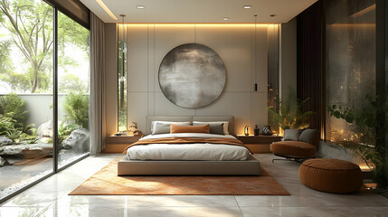 Wall Mural - Modern bedroom with large windows overlooking a garden with a zen-like patio and a large circular painting on the wall.