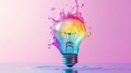 Light bulb with colorful water splash on pink background.